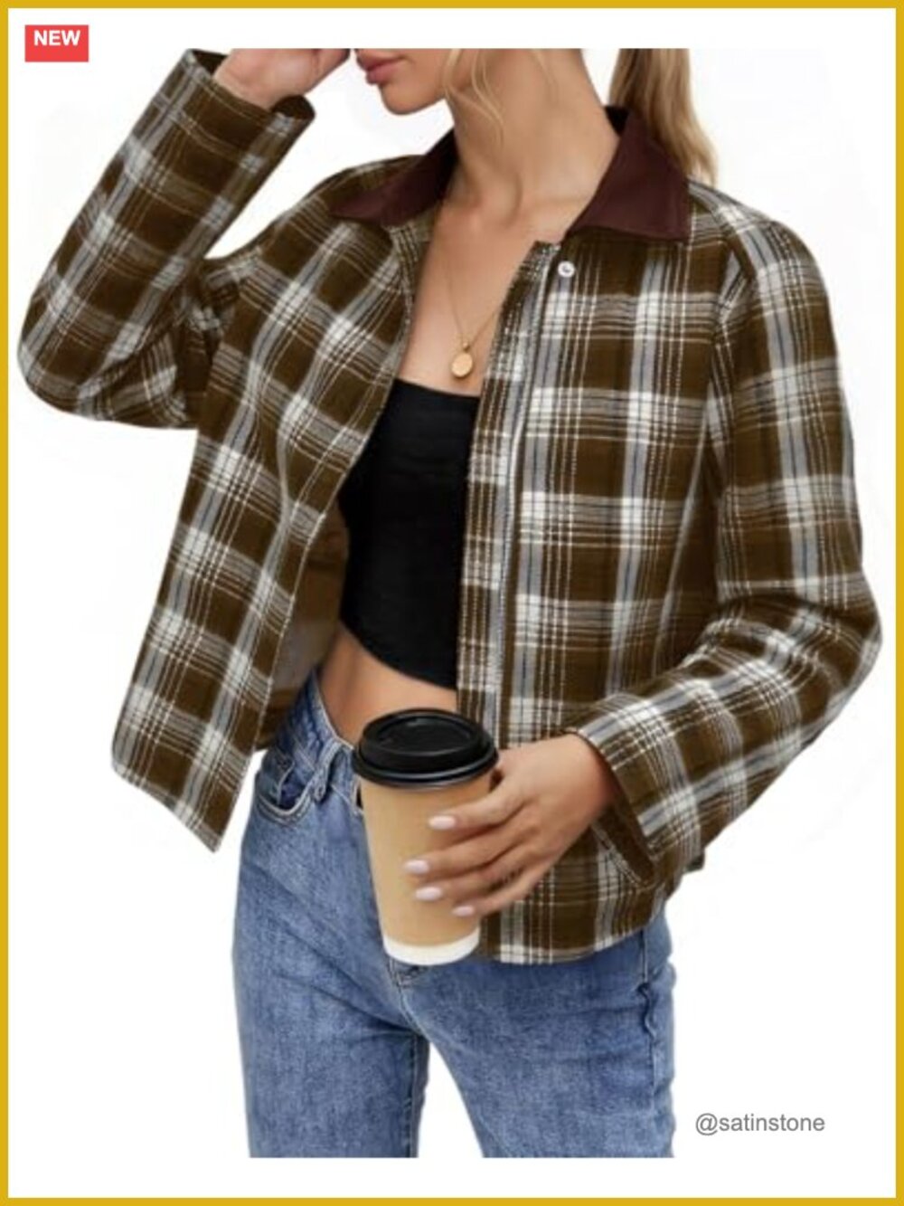 Women's Cropped Plaid Flannel Zip-Up Jacket with Pockets